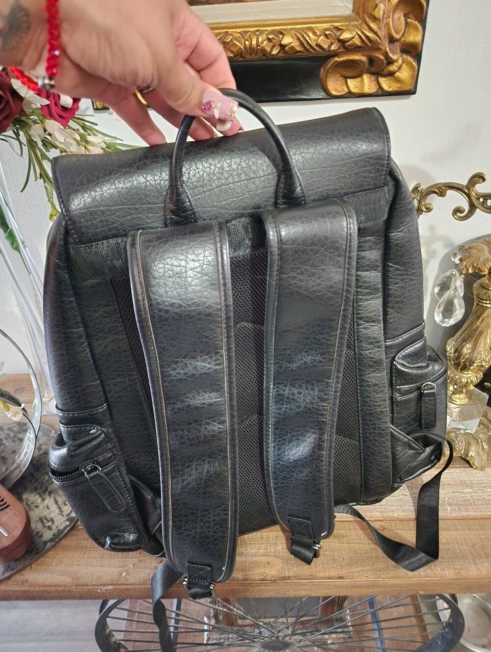 Black Faux Leather Laptop Backpack Travel Business School Unisex